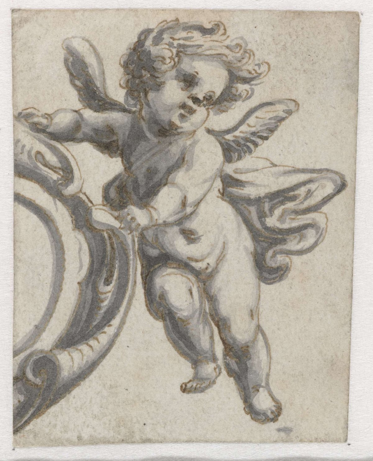 Part of a cartouche with a putto, Pieter Jansz, 1630 - 1672