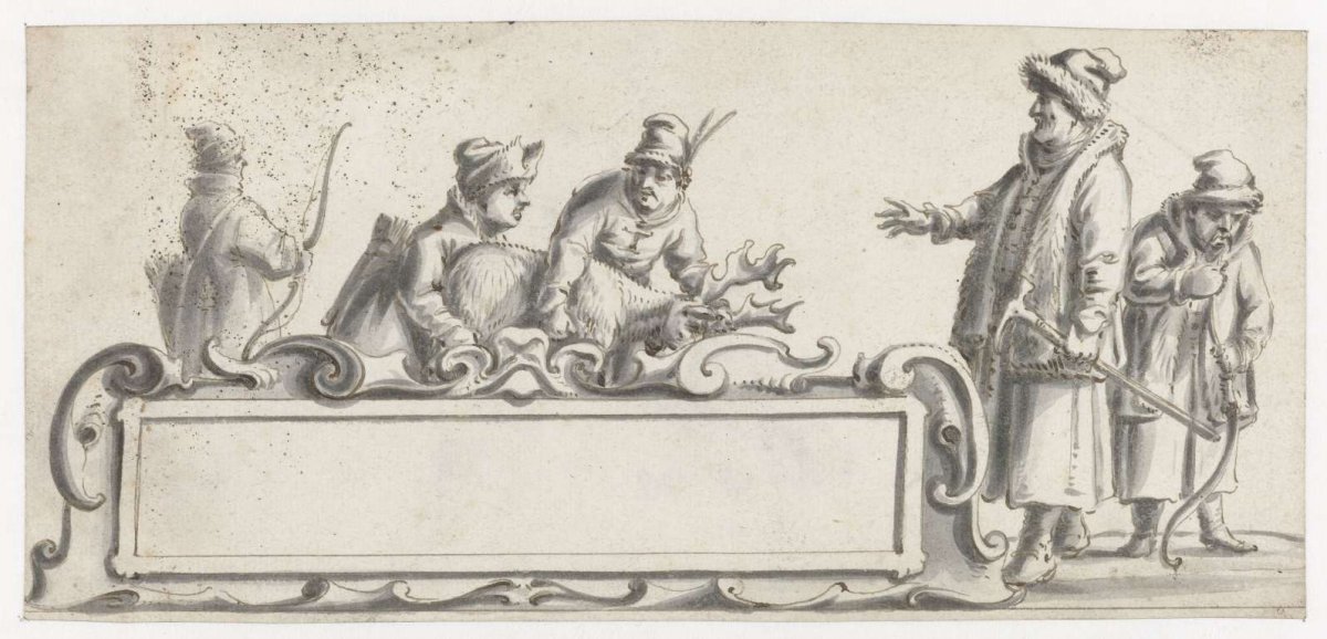 Cartouche with five Sami and a shot reindeer, Pieter Jansz, 1630 - 1672