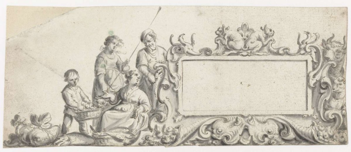 Rectangular cartouche with four people and animals, Pieter Jansz, 1649 - 1654