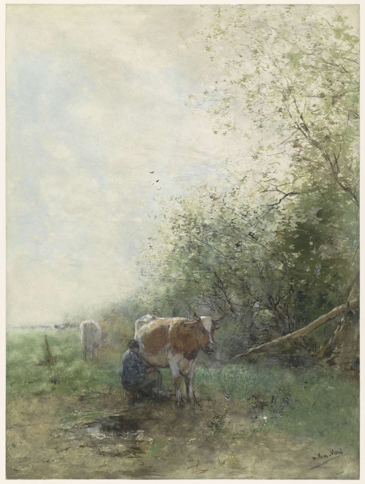 Shepherd and shepherdess with their flock resting by water, anonymous, 1700 - 1799