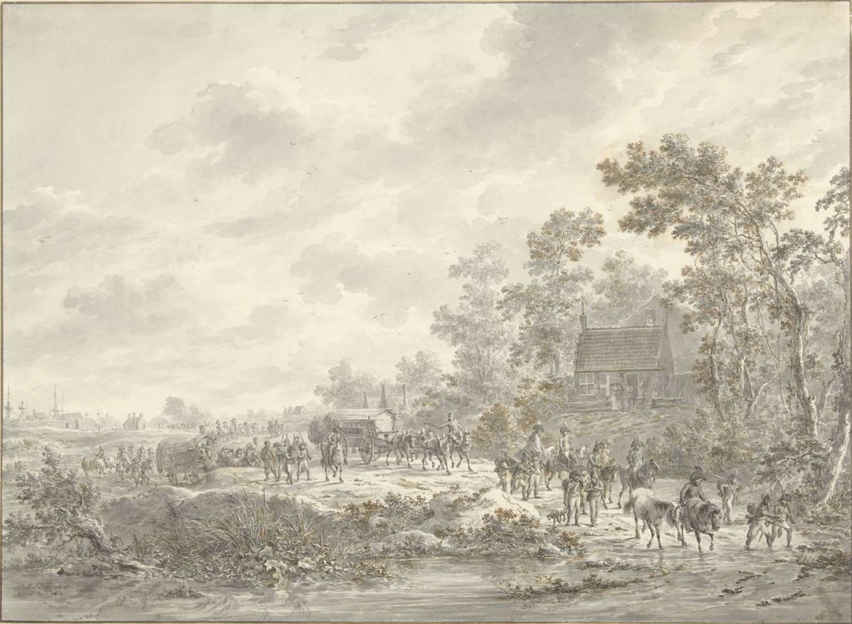 An army marches through a village, Dirk Langendijk, 1805