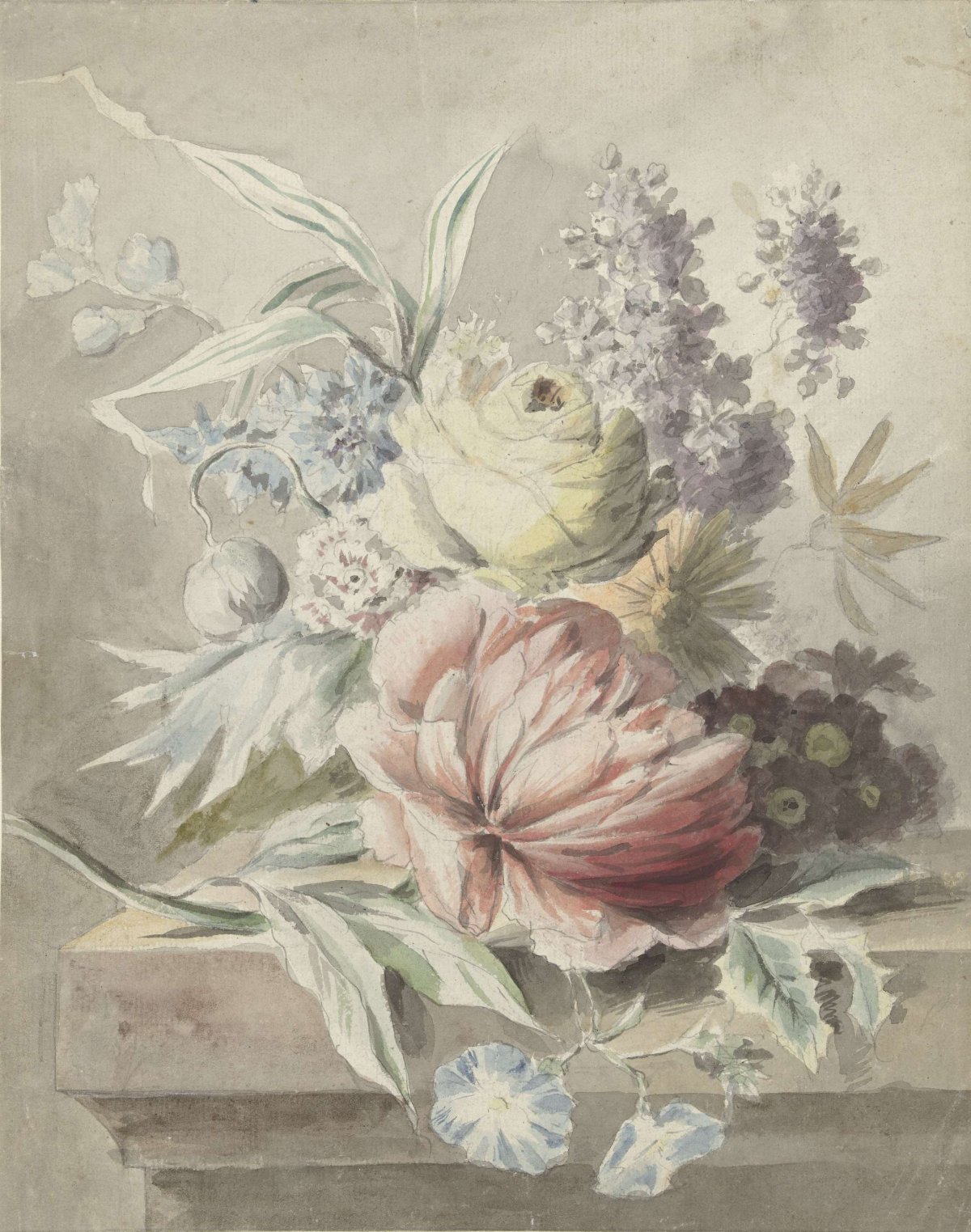 Flowers lying on a plinth, anonymous, c. 1700 - c. 1800
