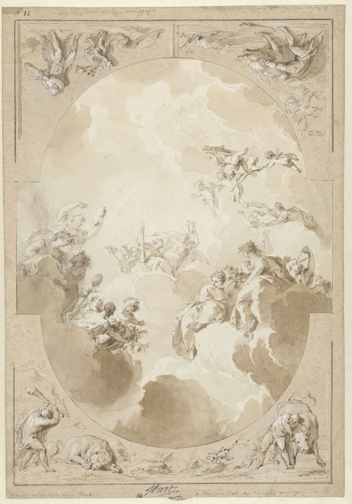 Design for a ceiling mural depicting the apotheosis of Hercules and four of his works, Jacob de Wit, 1746