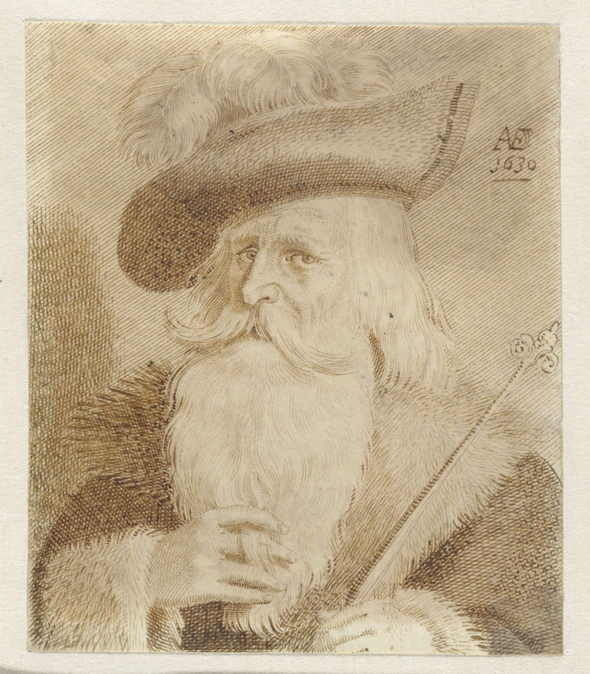 Man with fur collar, hat and staff, Jan van de Velde (II), 1630