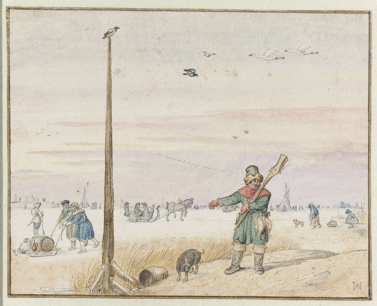 Winter Landscape with a Duck Hunter with Game in his Belt and his Gun over his Shoulder on the Bank of a Frozen River, Hendrick Avercamp, c. 1625 - c. 1630