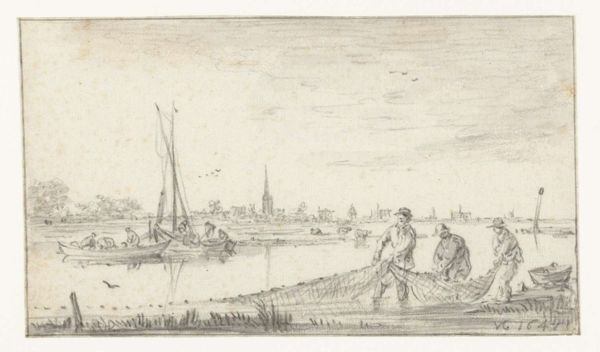 River view with three fishermen and view of Leiden, Jan van Goyen, 1647