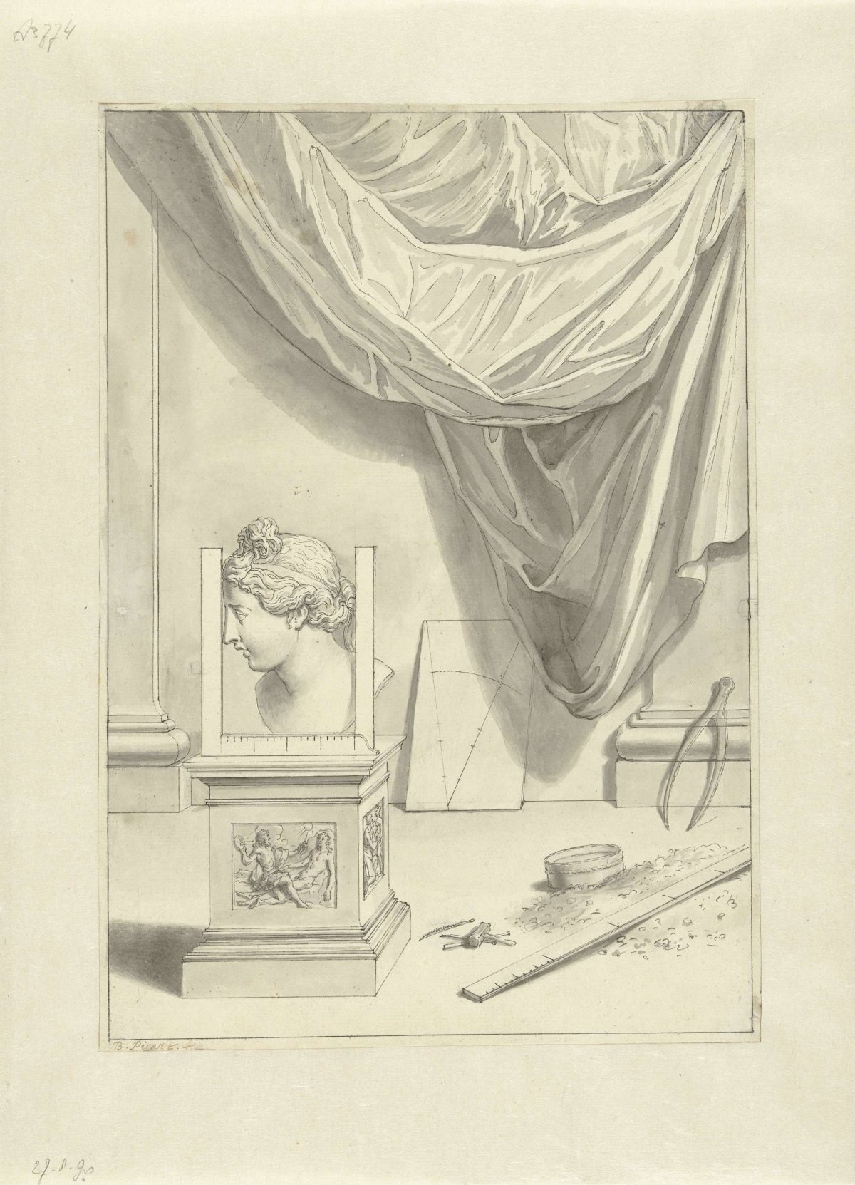 Interior with attributes of sculpture, Bernard Picart, 1683 - 1733