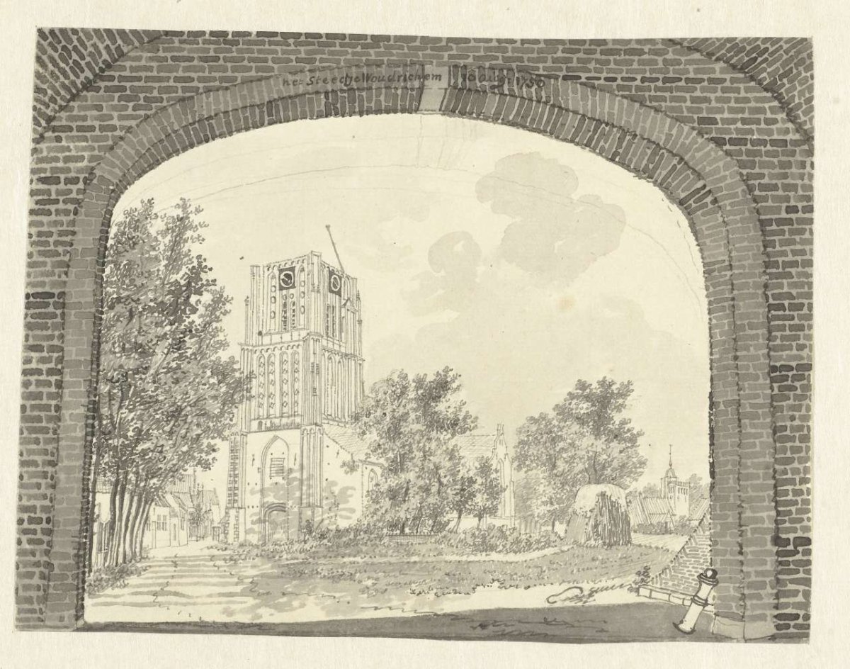 View through a gate on the church of Woudrichem, Jan de Beijer, 1750