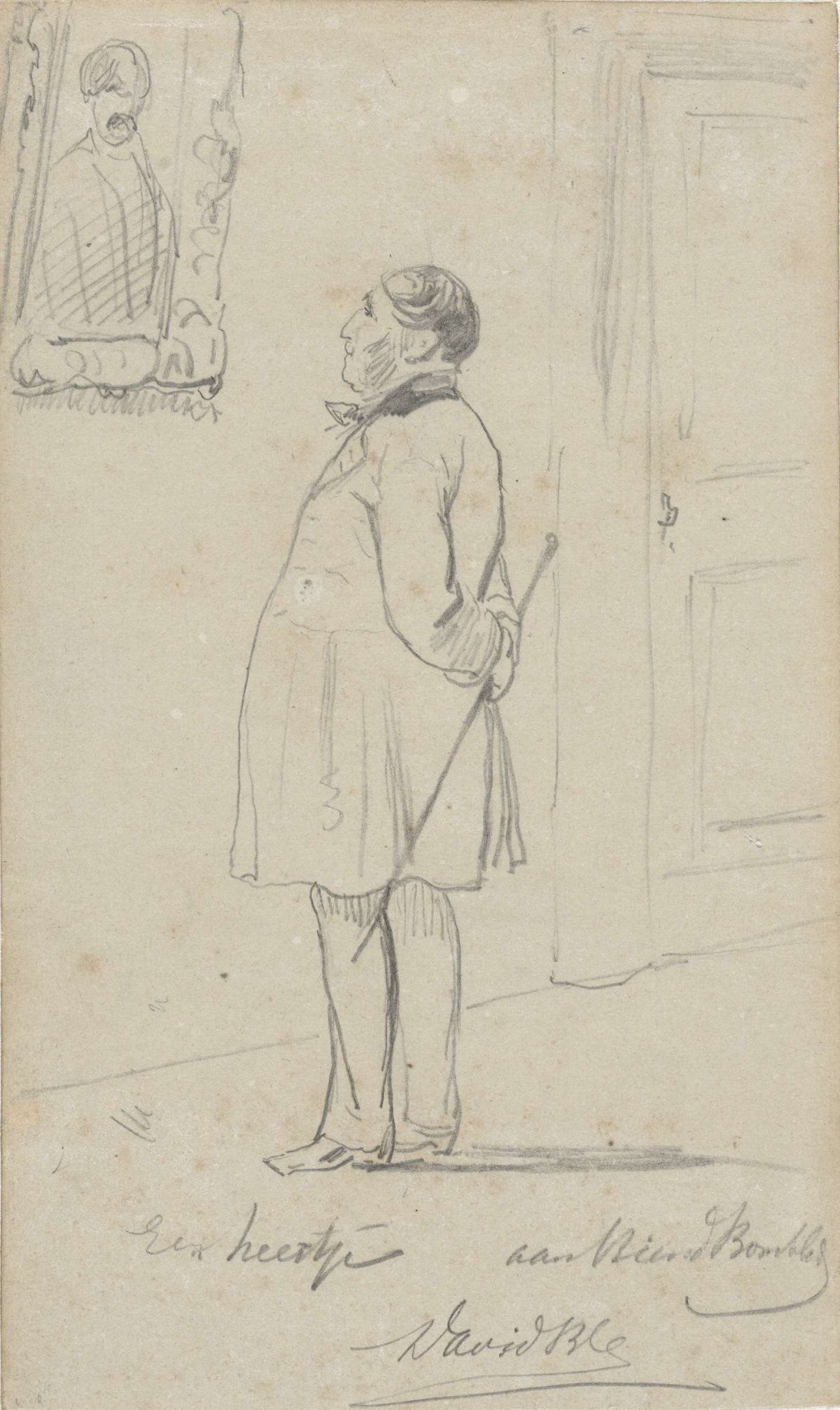 Standing man looking at a painting on the wall, David Bles, 1831 - 1898