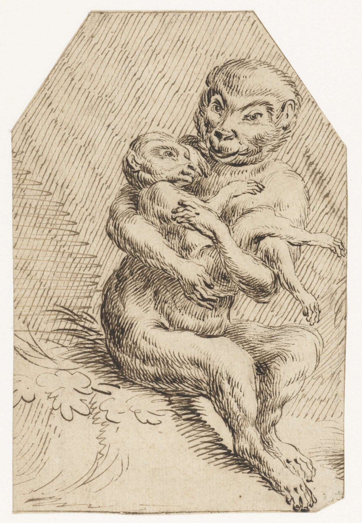 Monkey holding a young monkey in his arms, anonymous, 1567 - 1617