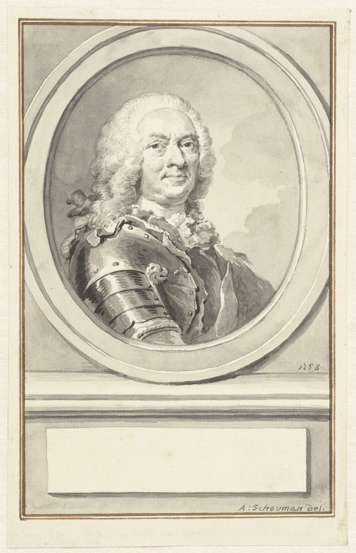 Portrait of William VIII, Landgrave of Hesse-Kassel, in armor, to the right, in oval, Aert Schouman, 1753