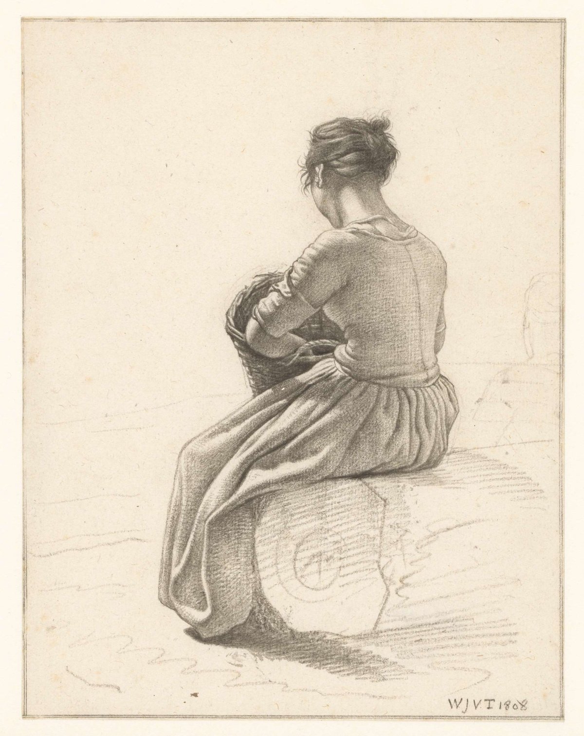 Seated girl with basket seen from behind, Wouter Johannes van Troostwijk, 1808