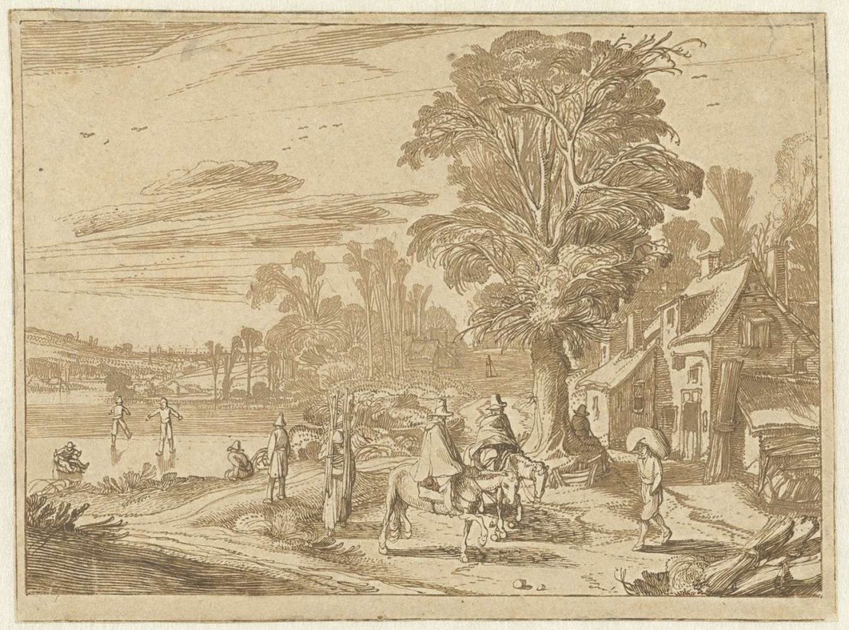 Inn with large tree and figures by the ice, Jan van de Velde (II), 1616 - 1618