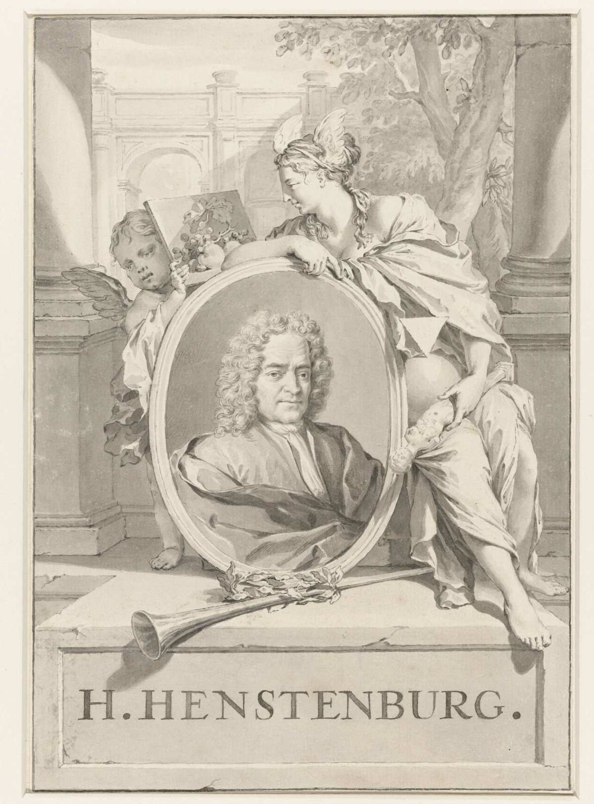 Portrait of Herman Henstenburgh in oval held by female figure and putto, Nicolaas Verkolje, 1683 - 1746