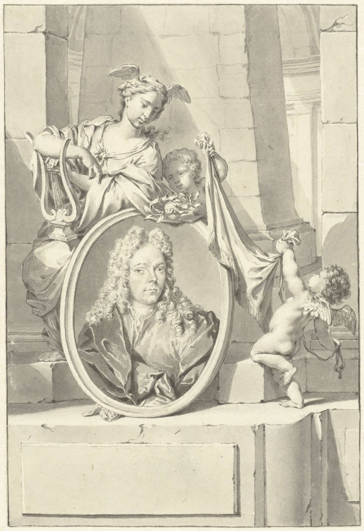 Putti and a woman near a medallion with the portrait of Arnold Houbraken, Nicolaas Verkolje, 1683 - 1746