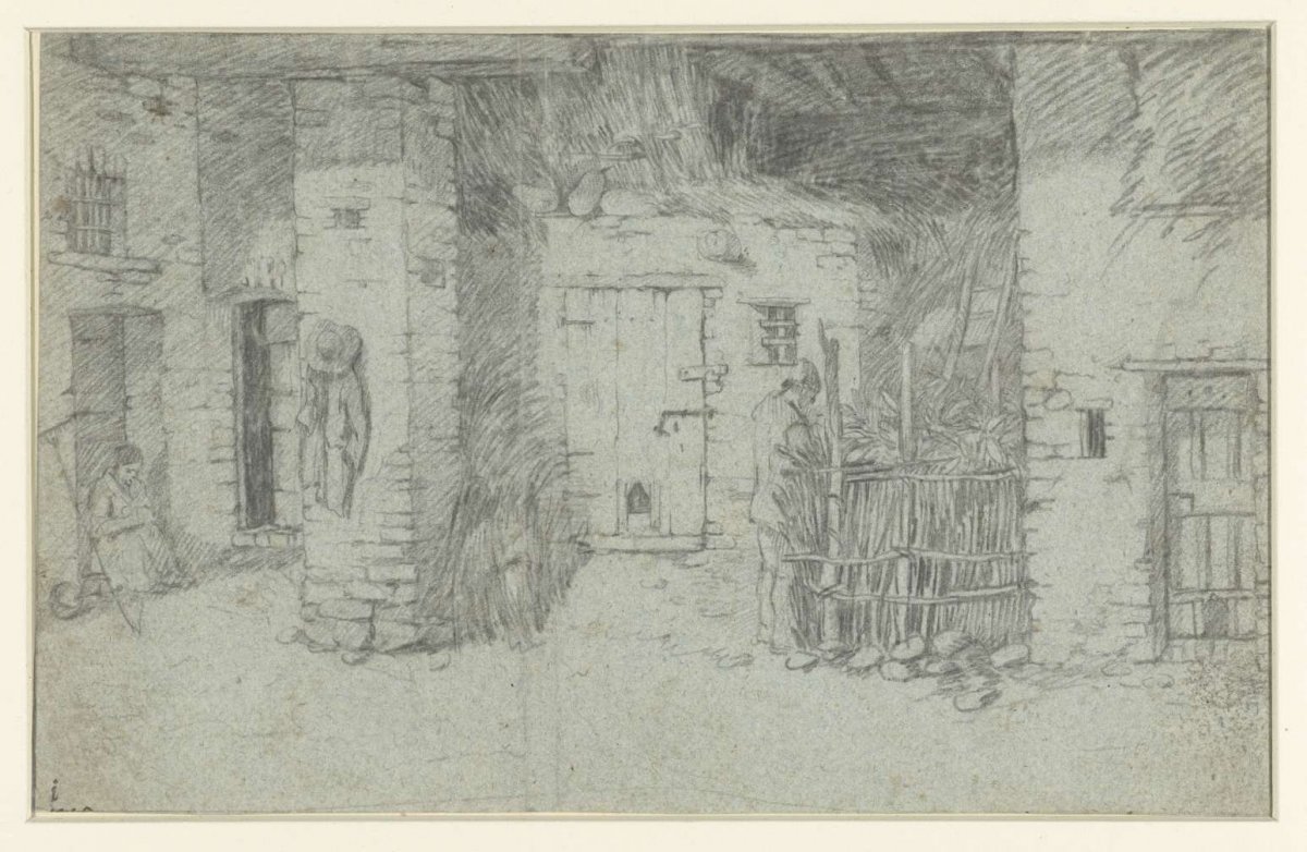 Interior of peasant part with seated woman and watering man, anonymous, c. 1700 - c. 1800