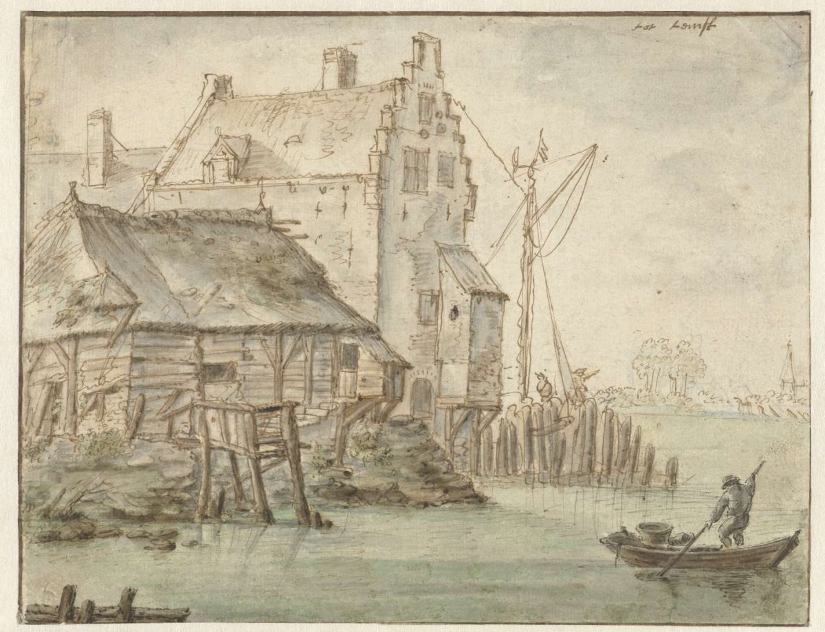 Single houses on a river, anonymous, 1600 - 1699