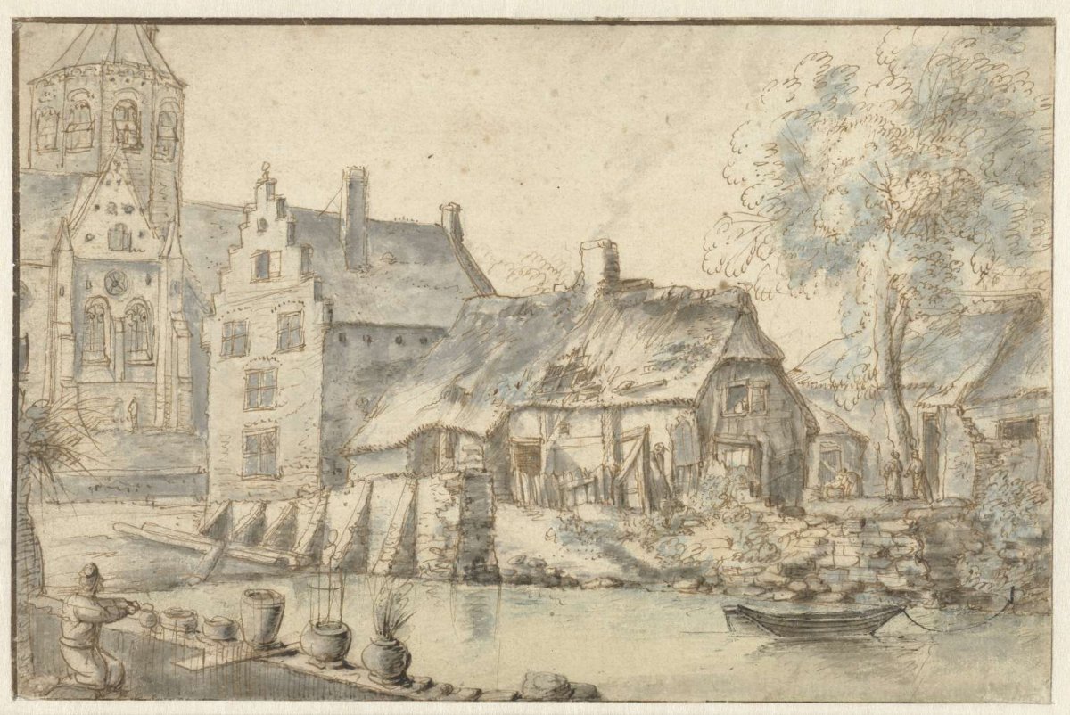 Cityscape with a large church, anonymous, 1600 - 1699