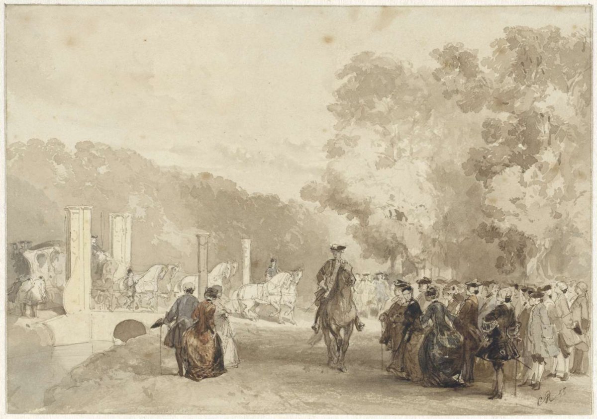 Prince's carriage driving down the driveway of Huis ten Bosch, Charles Rochussen, 1855