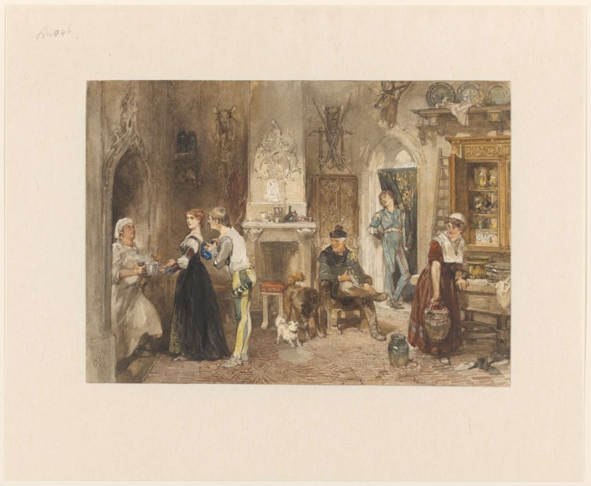 Servants of a castle united in an anteroom, Charles Rochussen, 1870