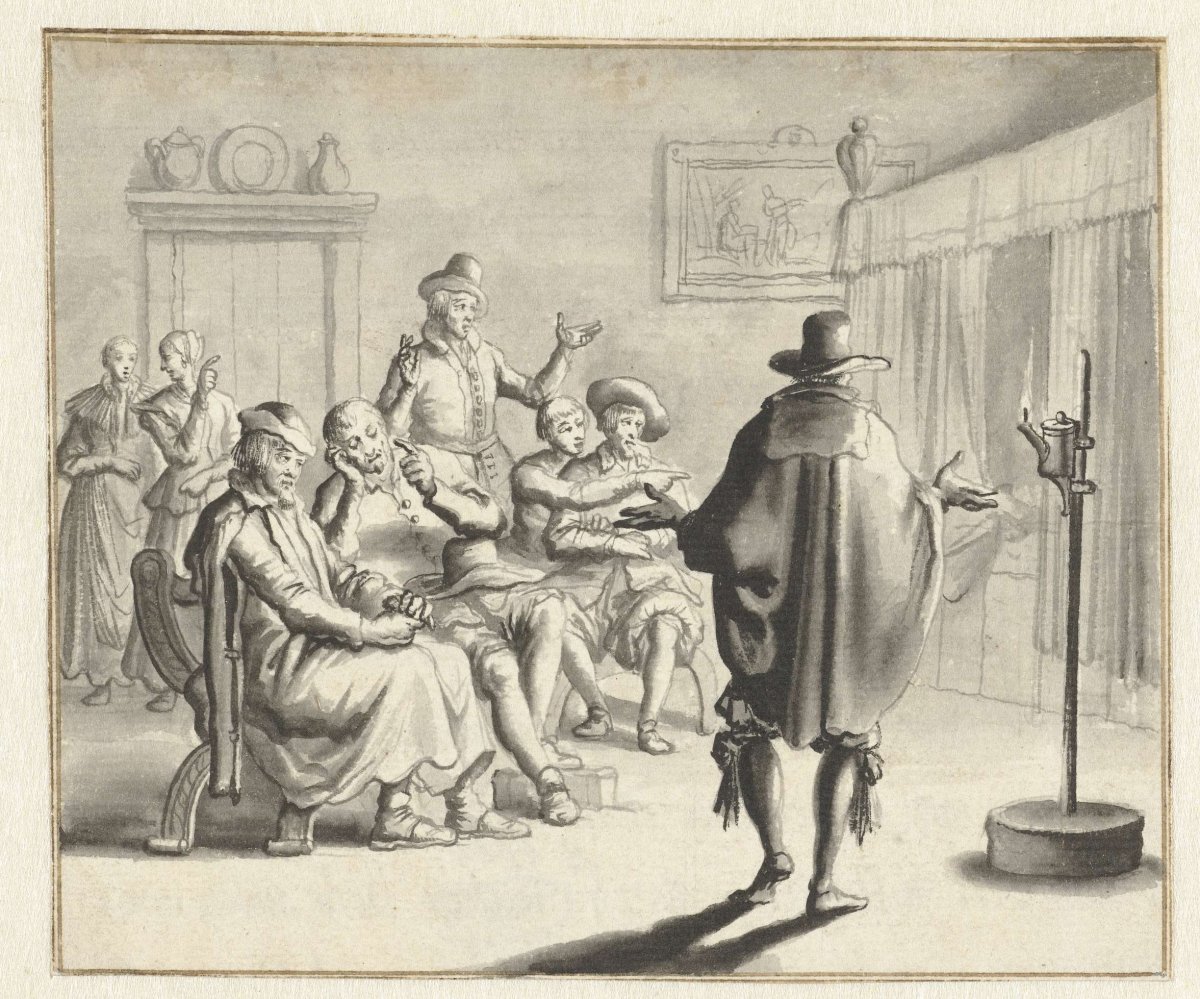 Group of people in front of a bed box in which it is haunted, Jan Luyken, 1660 - 1712