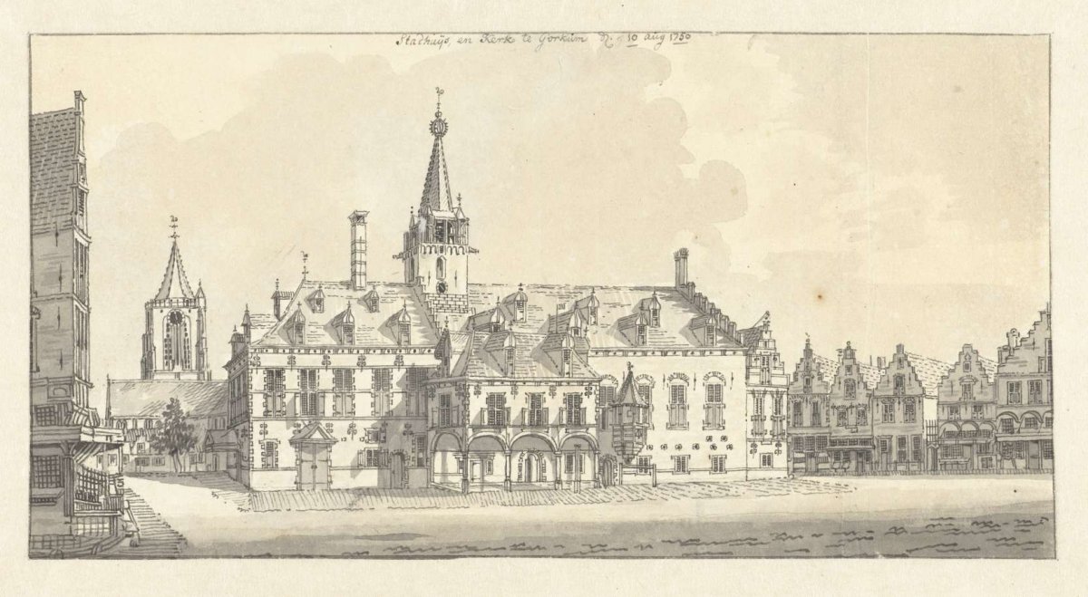 Town hall and church of Gorinchem, Jan de Beijer, 1750