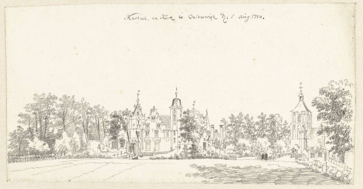 Castle and church at Oosterwijk, near Heukelum, Jan de Beijer, 1750