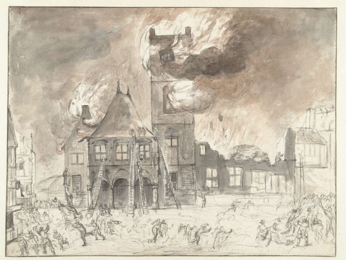 Fire in the old city hall in Amsterdam, Jan Abrahamsz. Beerstraten, 1652 - 1700