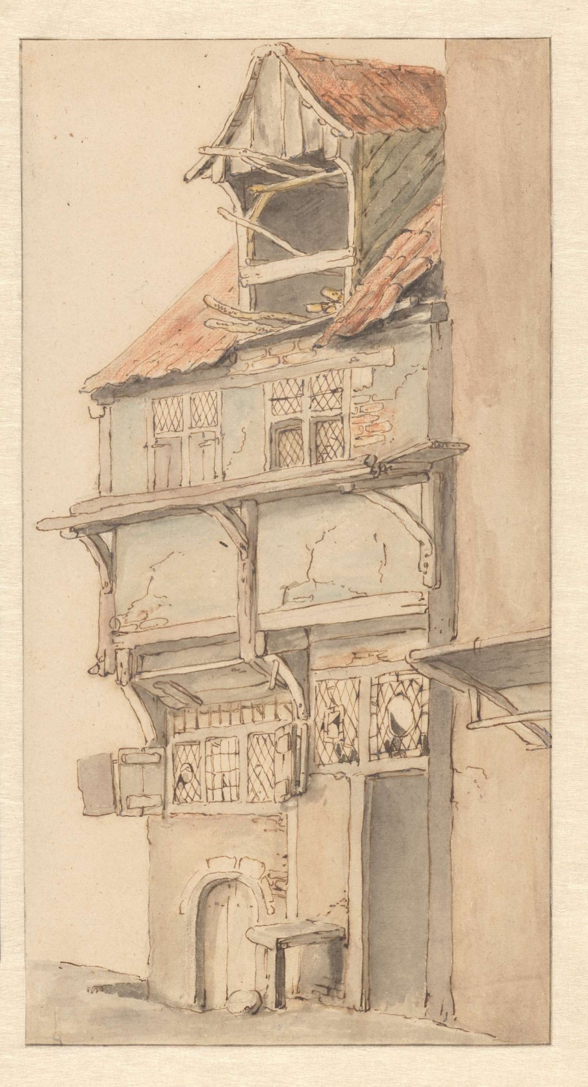 Gable of a corner house with open dormer window, Adriaen van Ostade, 1620 - 1685
