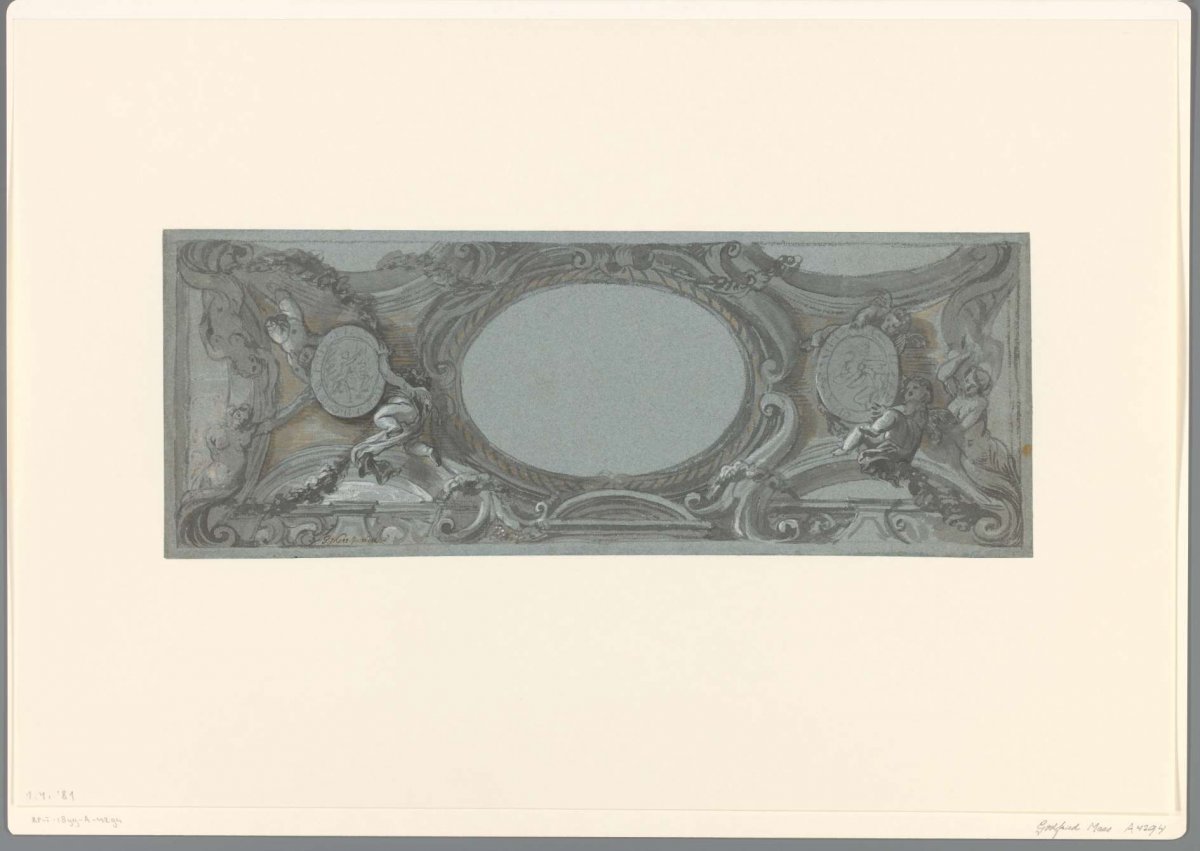 Design for a ceiling painting with cartouches and putti, Godfried Maes, 1644 - 1693