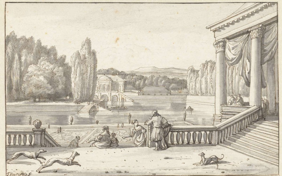 Park view with figures and dogs on a terrace, Jacob Esselens, 1636 - 1687