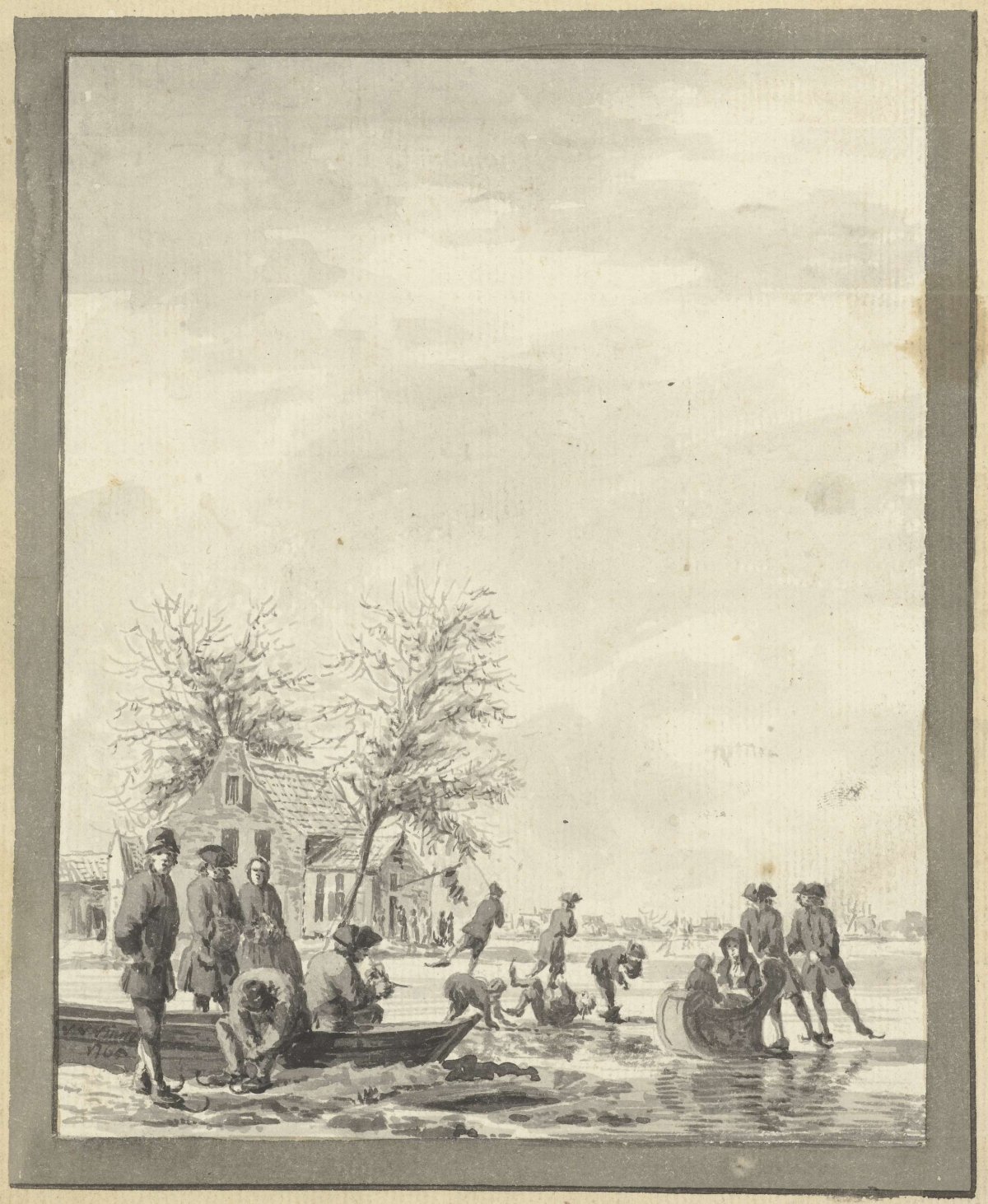 Ice entertainment on the Buiten Spaarne near Haarlem at the Inn, Vincent Jansz. van der Vinne, 1760