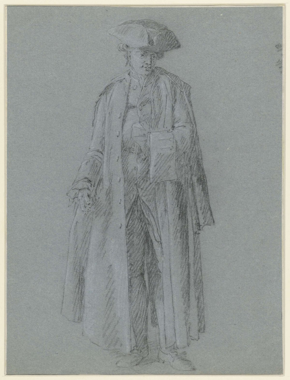 Man with stitch in very long coat, one hand tucked into his vest, anonymous, 1700 - 1800