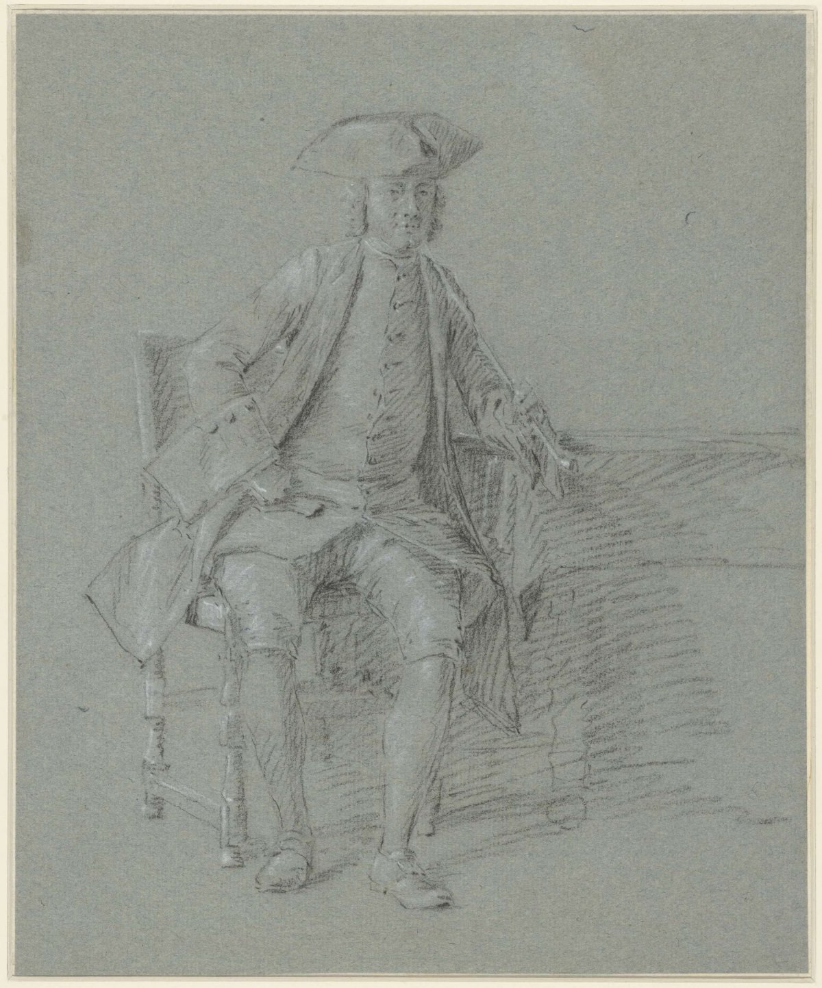 Man wearing stitch with long pipe in right hand, seated at table, anonymous, 1700 - 1800