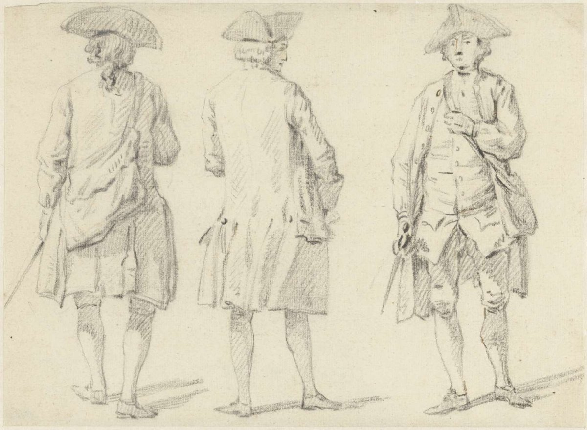 Study sheet with three standing figures, Simon Fokke, 1722 - 1784