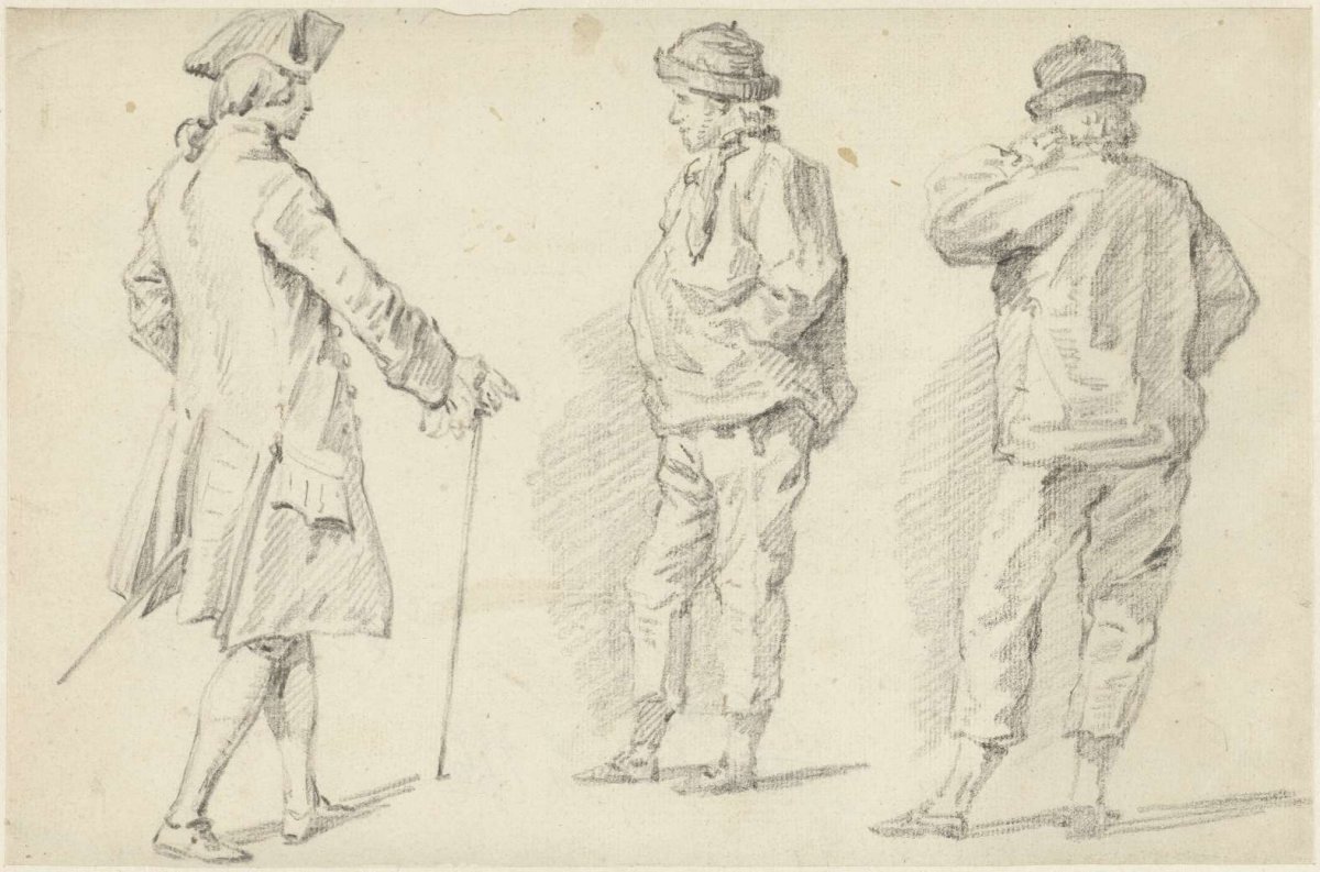 Study sheet with three standing figures, Simon Fokke, 1722 - 1784