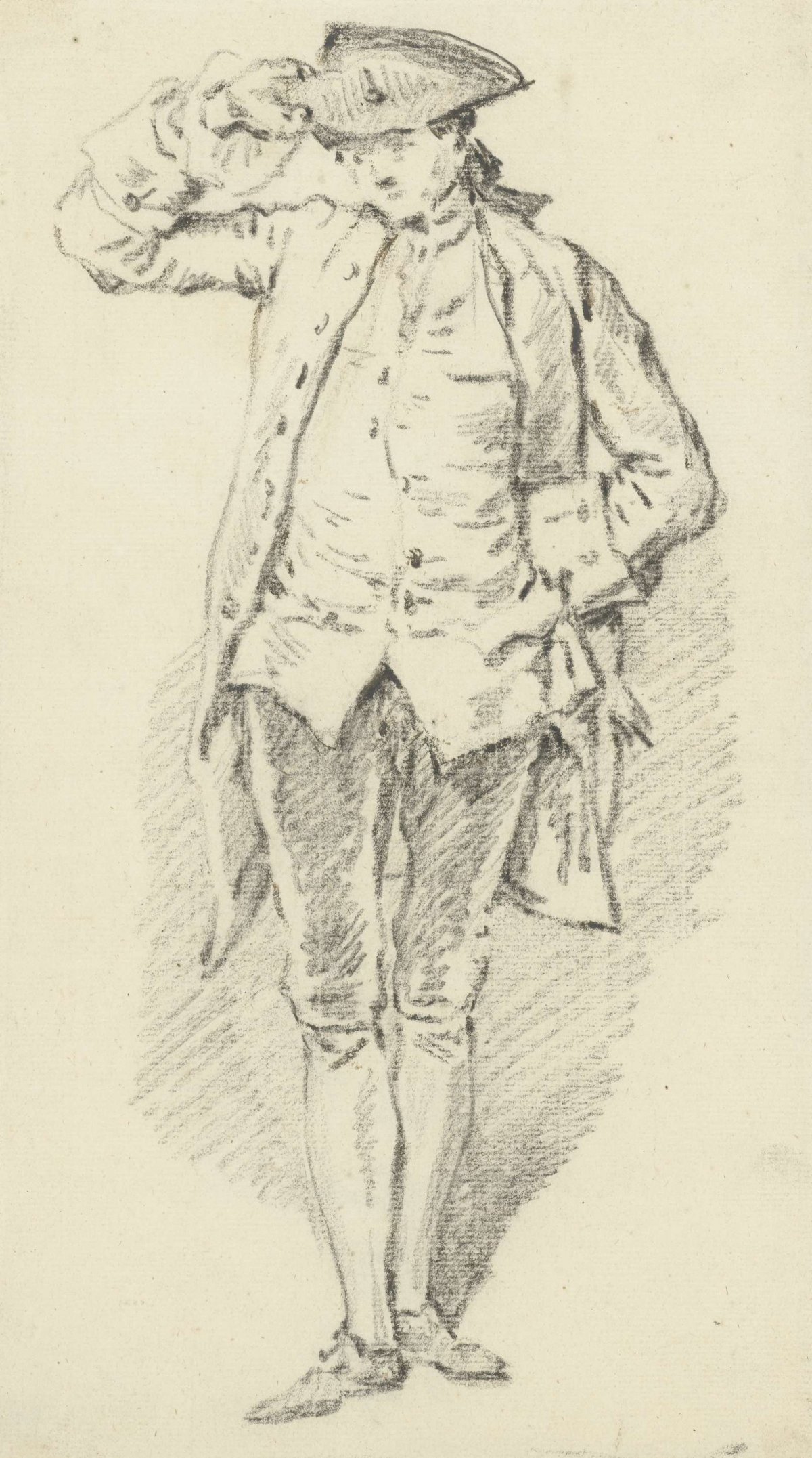 Standing gentleman with one hand at head, Simon Fokke, 1722 - 1784