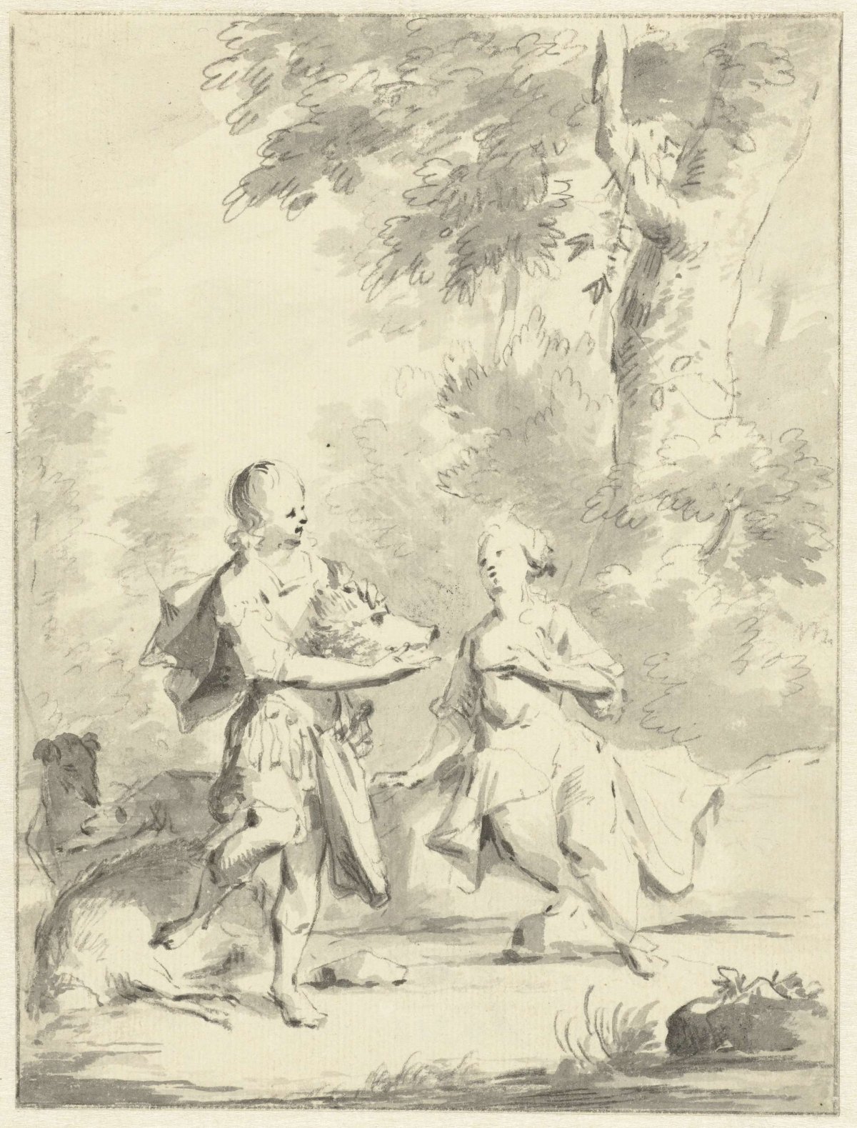 Meleager gives Atalante the head of the Calydonian boar, Aert Schouman, c. 1720 - c. 1792