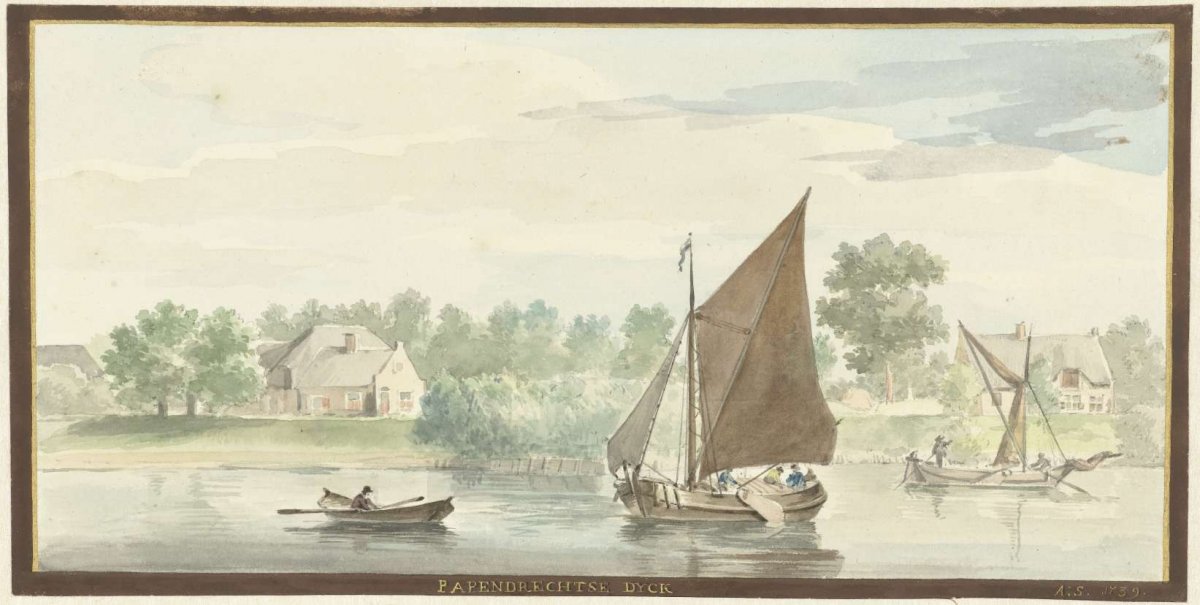 Sailing vessel on the Lower Merwede near the Papendrecht dike, Aert Schouman, 1729