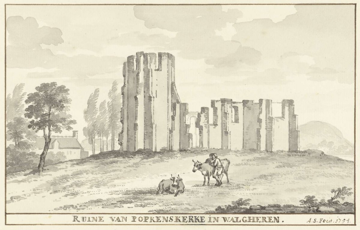 Ruïne te Popkenskerke of Poppekerke te Walcheren, Aert Schouman, 1754