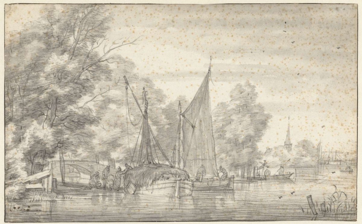 View of a river with people near and on boats, Jacob Esselens, 1636 - 1687