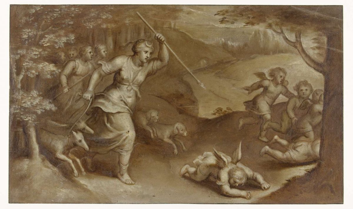 Diana drives away Cupid and his helpers who tried to trap her, Otto van Veen, 1566 - 1629