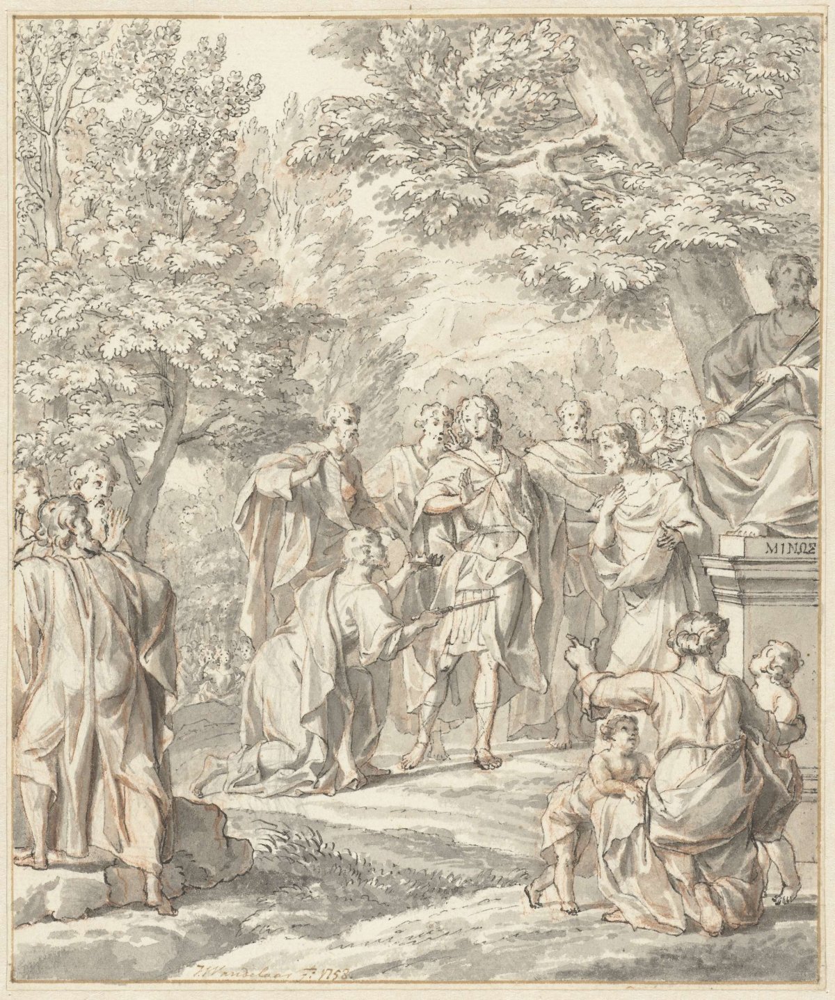 Telemachus refuses the crown and scepter of the Cretans, Jan Wandelaar, 1758