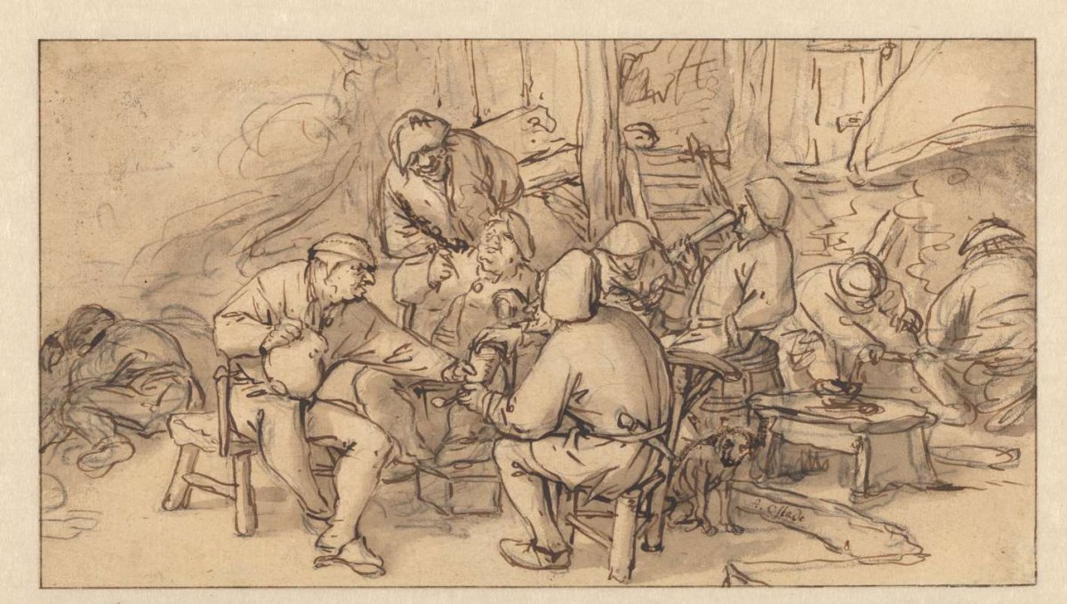 Interior of a peasant inn with five smoking and drinking peasants, Adriaen van Ostade, 1640 - 1685