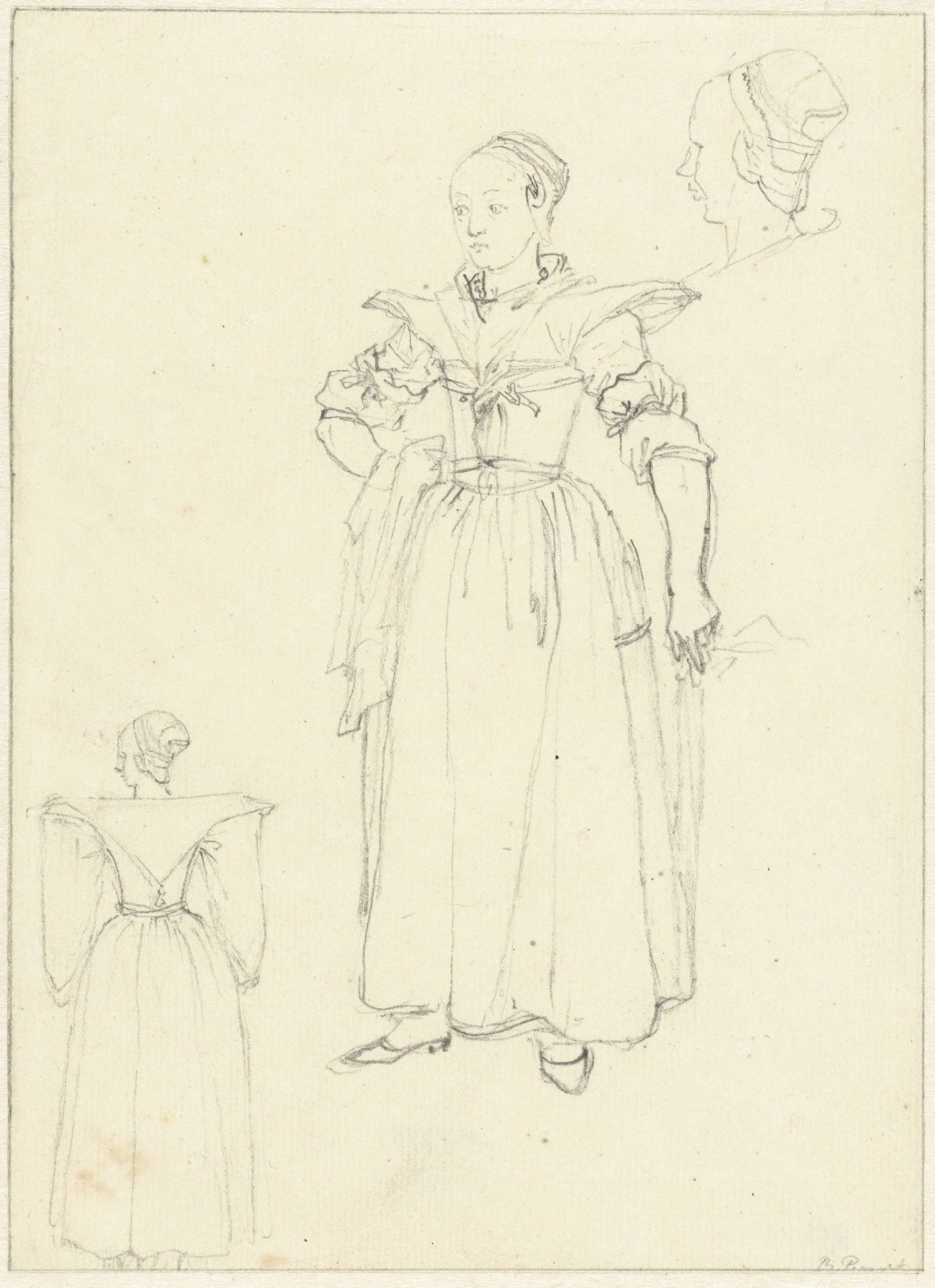 Three sketches after the costume of a woman from Axel, Bernard Picart, 1683 - 1733