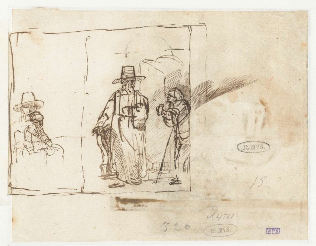 Two Men at a Door and a Seated Man with a Child on his Lap, Rembrandt van Rijn, c. 1650 - c. 1655
