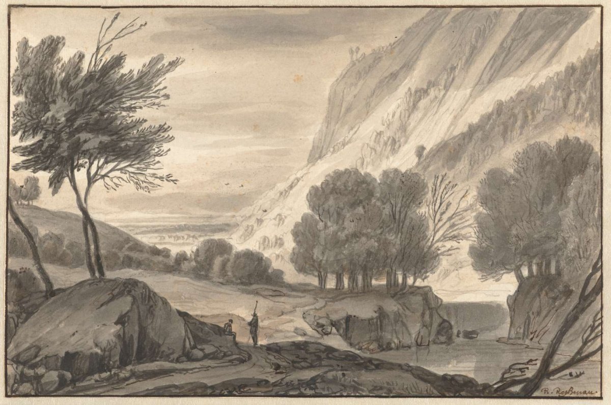 Mountainous Landscape with Two Travellers, Roelant Roghman, c. 1660 - c. 1670