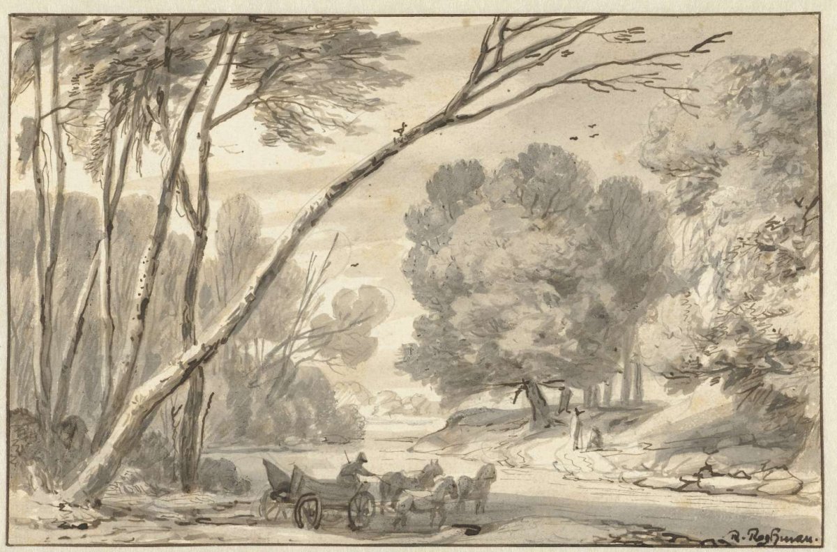 Wooded Landscape with a Cart and Horses Crossing a Ford, Roelant Roghman, c. 1660 - c. 1670