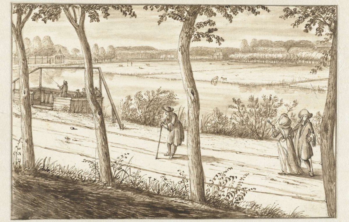 View along the River Vecht, near Maarssen, with a Docking Station, Three Figures in the Foreground and the Country Estate of Vechthoven in the Distance, Abraham Rutgers, c. 1682 - c. 1699