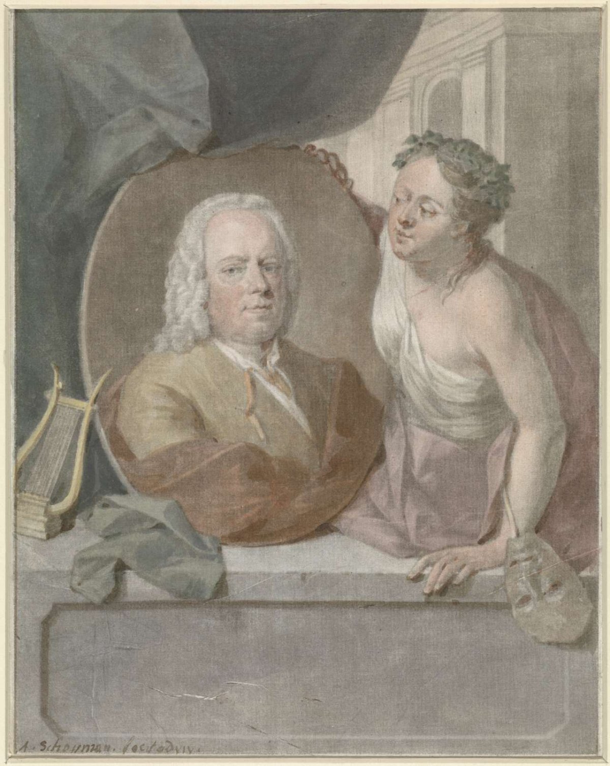 Portrait medallion of French Greenwood held by a muse, Aert Schouman, 1748